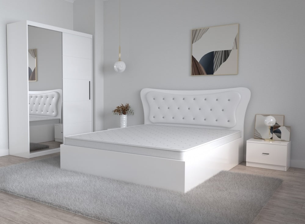 Set Dormitor Dante Alb – Recenzie completă | Pat 160×200 cm, noptiere și dulap cu uși glisante cu oglindă